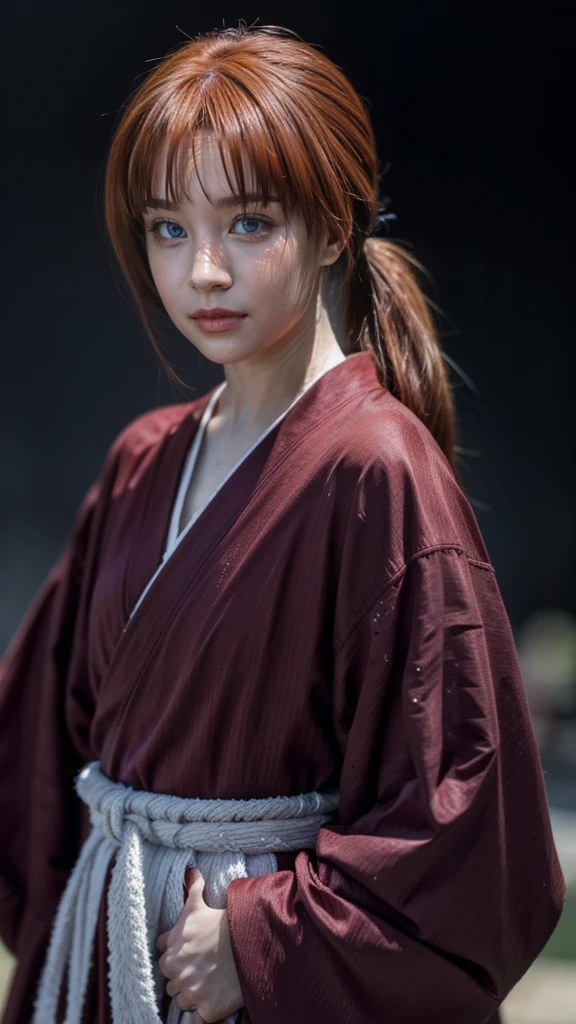 "Rurouni Kenshin",
Moment of enthusiasm, Bold,
Capturing the essence of her fiery determination and indomitable spirit, She explodes in rage, Strongly conveys the raw power of Kenshin's rage, Emphasizing the intensity of the scene, The woman is in a determined stance,
Action with a straight sword in hand,
Long hair, Ponytail, Red hair, Red eyes, Bright red lipstick,
Katana, Holding a sword in hand,
Cross sign on left cheek,
High quality, Realistic,
20-year-old woman,
She wears a red kimono with an intricate pattern, Combined with a white hakama,
The lighting is realistic, (Masterpiece+Top quality+High resolution+Very detailed), (Full body:1.2),Symmetrical, One cut,