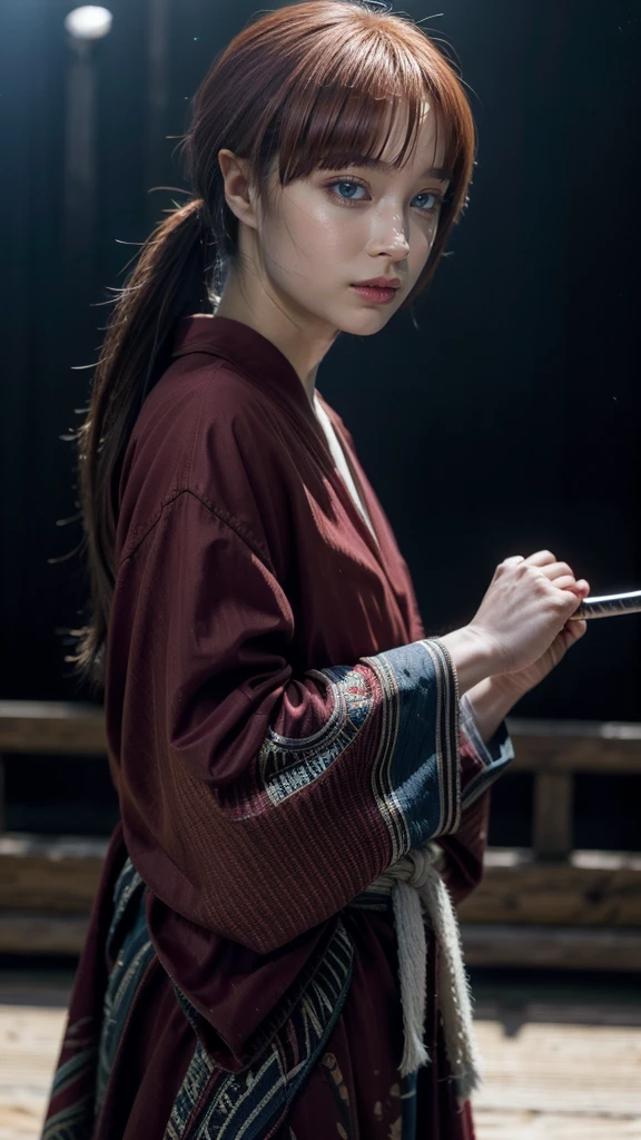 "Rurouni Kenshin",
Moment of enthusiasm, Bold,
Capturing the essence of her fiery determination and indomitable spirit, She explodes in rage, Strongly conveys the raw power of Kenshin's rage, Emphasizing the intensity of the scene, The woman is in a determined stance,
Action with a straight sword in hand,
Long hair, Ponytail, Red hair, Red eyes, Bright red lipstick,
Katana, Holding a sword in hand,
Cross sign on left cheek,
High quality, Realistic,
20-year-old woman,
She wears a red kimono with an intricate pattern, Combined with a white hakama,
The lighting is realistic, (Masterpiece+Top quality+High resolution+Very detailed), (Full body:1.2),Symmetrical, One cut,
