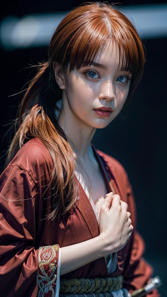 "Rurouni Kenshin",
Moment of enthusiasm, Bold,
Capturing the essence of her fiery determination and indomitable spirit, She explodes in rage, Strongly conveys the raw power of Kenshin's rage, Emphasizing the intensity of the scene, The woman is in a determined stance,
Action with a straight sword in hand,
Long hair, Ponytail, Red hair, Red eyes, Bright red lipstick,
Katana, Holding a sword in hand,
Cross sign on left cheek,
High quality, Realistic,
20-year-old woman,
She wears a red kimono with an intricate pattern, Combined with a white hakama,
The lighting is realistic, (Masterpiece+Top quality+High resolution+Very detailed), (Full body:1.2),Symmetrical, One cut,