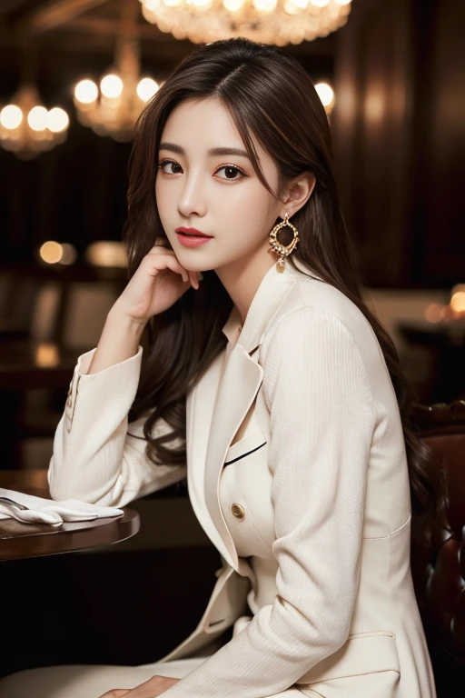 masterpiece, Highest quality, Realistic, Very detailed, Finer details, High resolution, 8k wallpaper, One beautiful woman, Wear a nice suit, In a great restaurant, At night, Light brown messy hair, Perfect dynamic composition, Beautiful and beautiful eyes、Big earrings、Sitting in a chair、