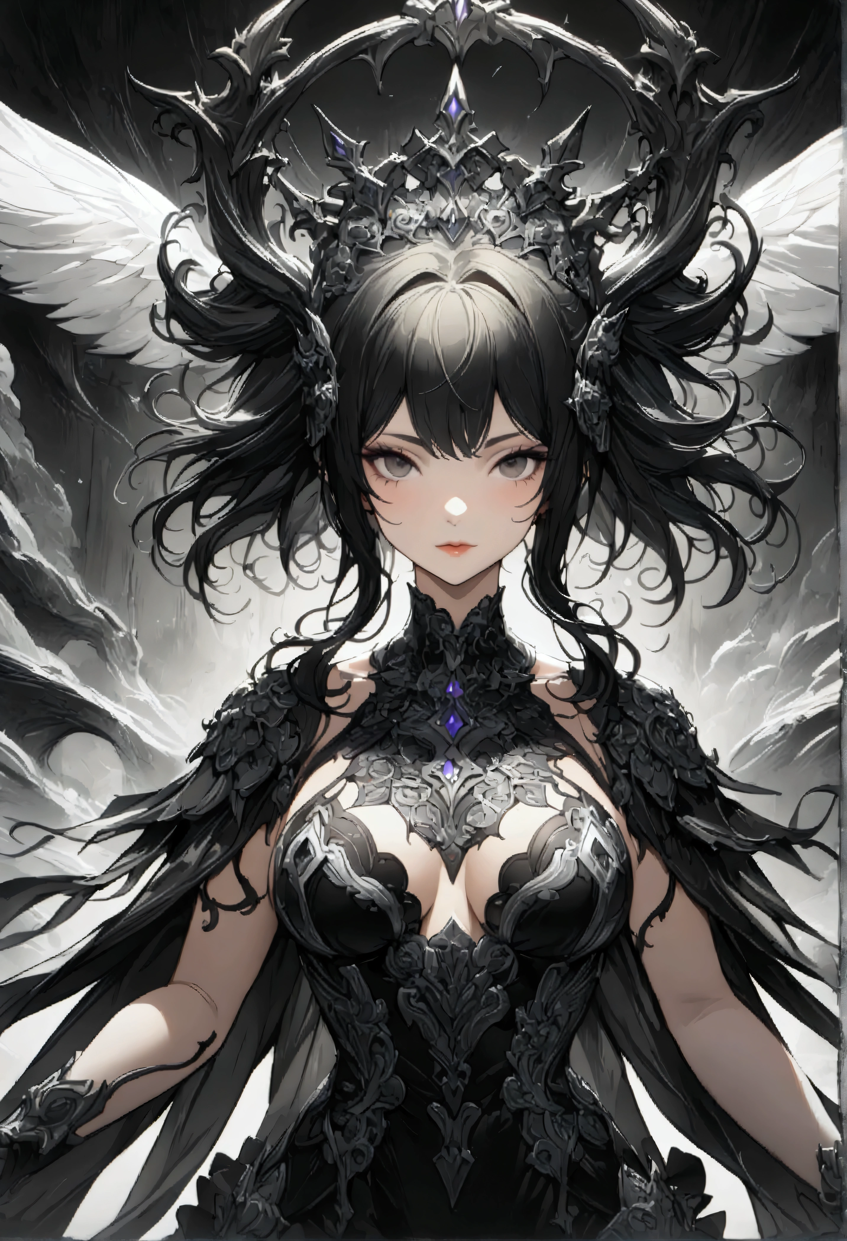 1 female,Intricate details,Use black and white as the main colors,decadent,artwork,Rendering,(masterpiece:1.3),(best quality:1.4),(Very detailed:1.5),high resolution,Very detailed,Unity 8K wallpaper,Dark Fantasy