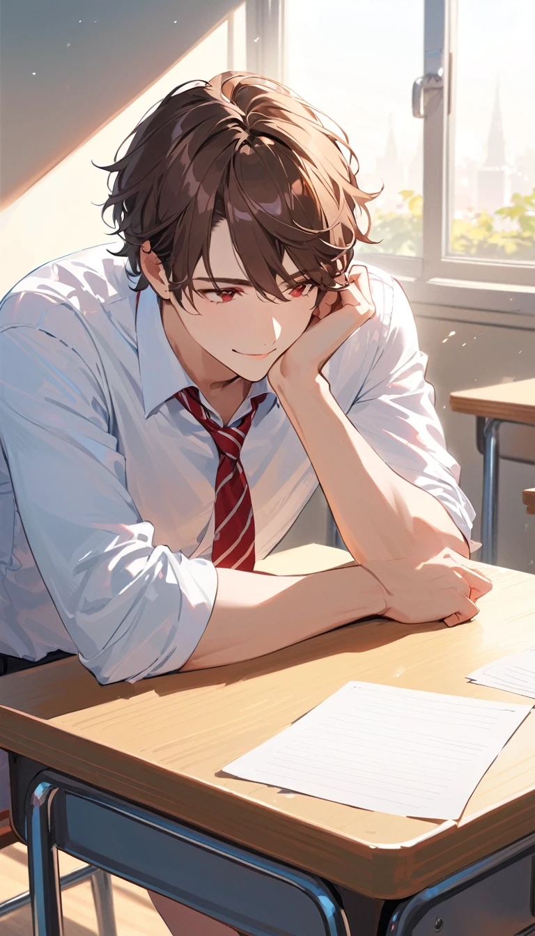 a man with short brown hair, red eyes, wearing a white shirt, red striped tie, smiling, sitting on a desk in the classroom with his head down on the desk, holding a small piece of paper in his hand, pale skin, Half body, best quality