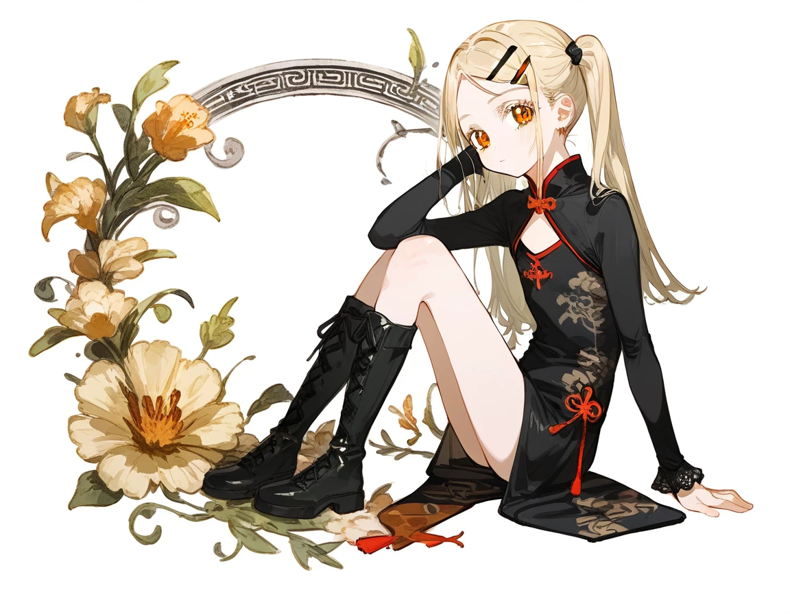 16k,score_9, score_8_up, score_7_up, source_anime, rating_safe,super detailed , hiro-default,shinosawa hiro,slender,orange eyes,white eyelashes,blonde hair,long hair,hairclip,flat chest ,lace-up boots,black chinese clothes,full body,twintail,sitting,from side,look at viewer