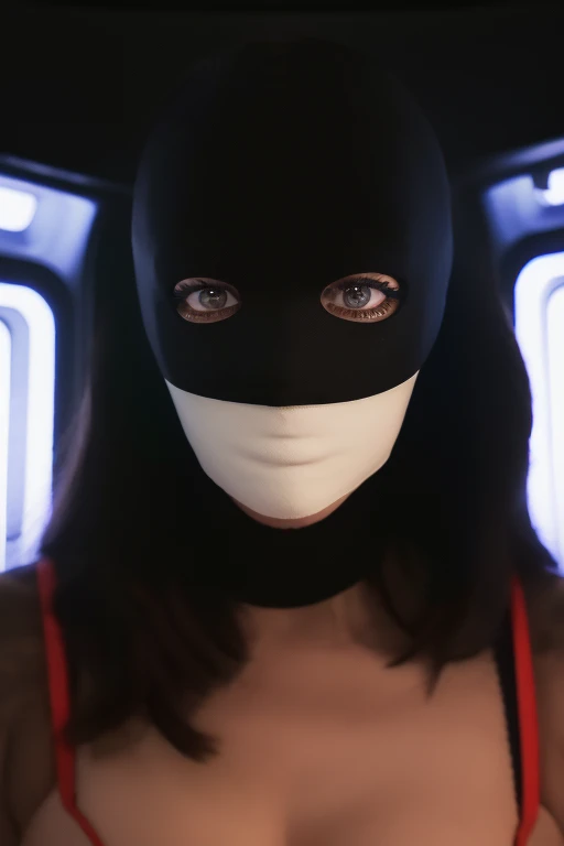 ((masked))Fatal, impassioned, Beautiful woman with long dark hair in futuristic outfit. In a spaceship, neon lighting, The Great White Room, Portholes. Futurism, Reality,
