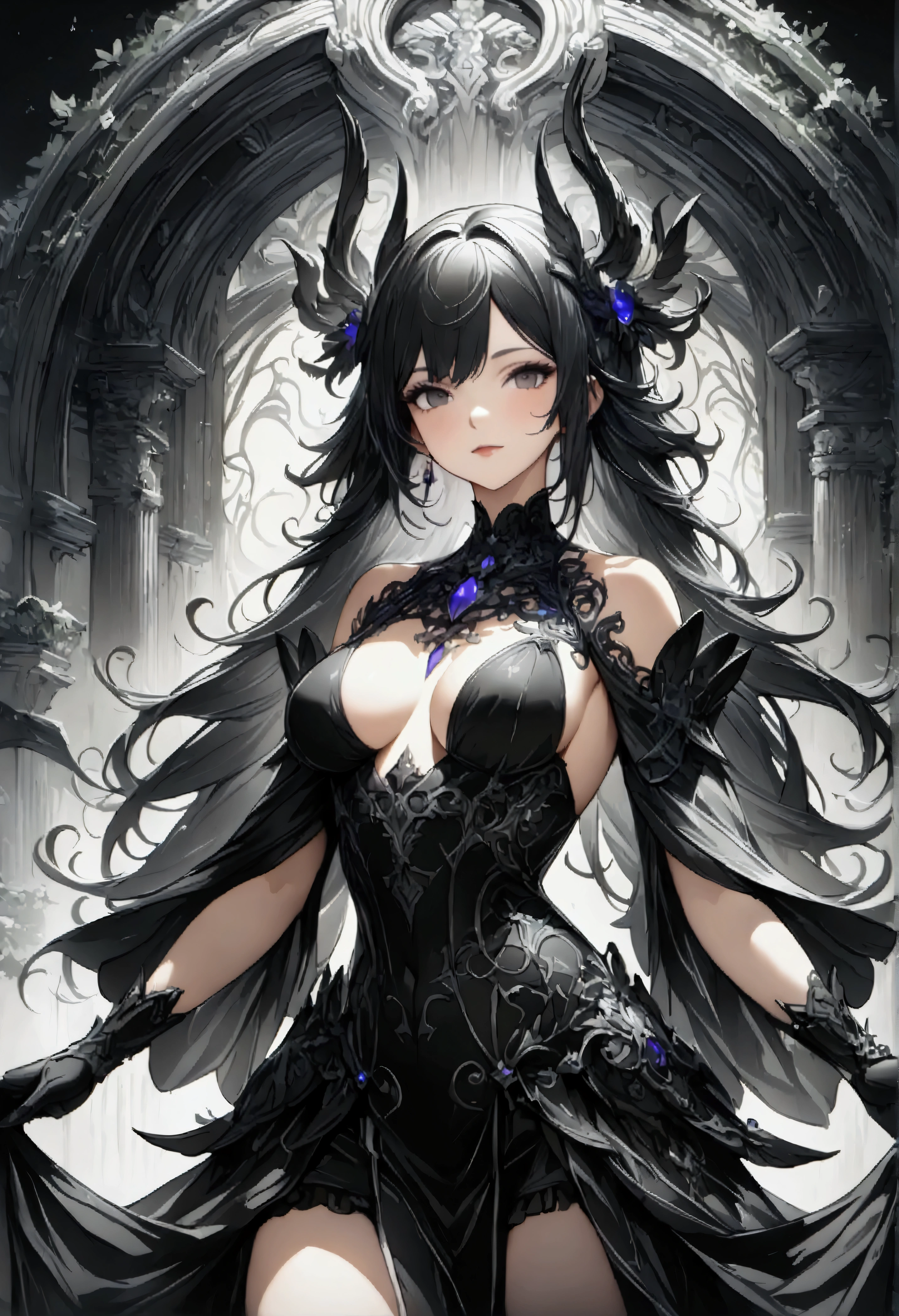 1 female,Intricate details,Use black and white as the main colors,decadent,artwork,Rendering,(masterpiece:1.3),(best quality:1.4),(Very detailed:1.5),high resolution,Very detailed,Unity 8K wallpaper,Dark Fantasy