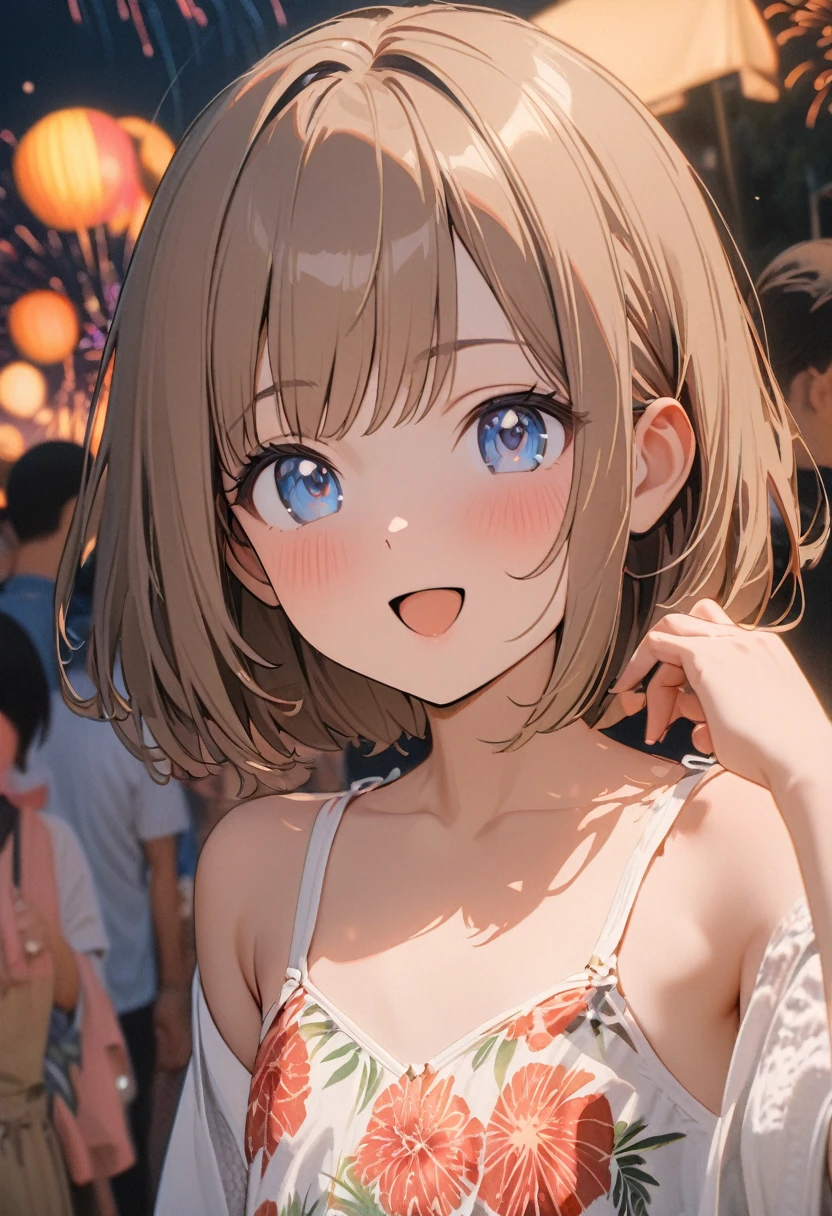 1 girl, 18yo, (flat chest: 1.5), blue eyes, light brown hair, bob cut, summer outfit, smile, open mouth, many potted morning glories, colorful morning glory flowers, upper body, shopping street, bule sky, 8k, RAW photo, best quality, masterpiece, extremely detailed 8k wallpaper, ultra-detailed, best shadow, detailed background, beautiful detailed face, beautiful detailed eyes, nice hands, perfect hands