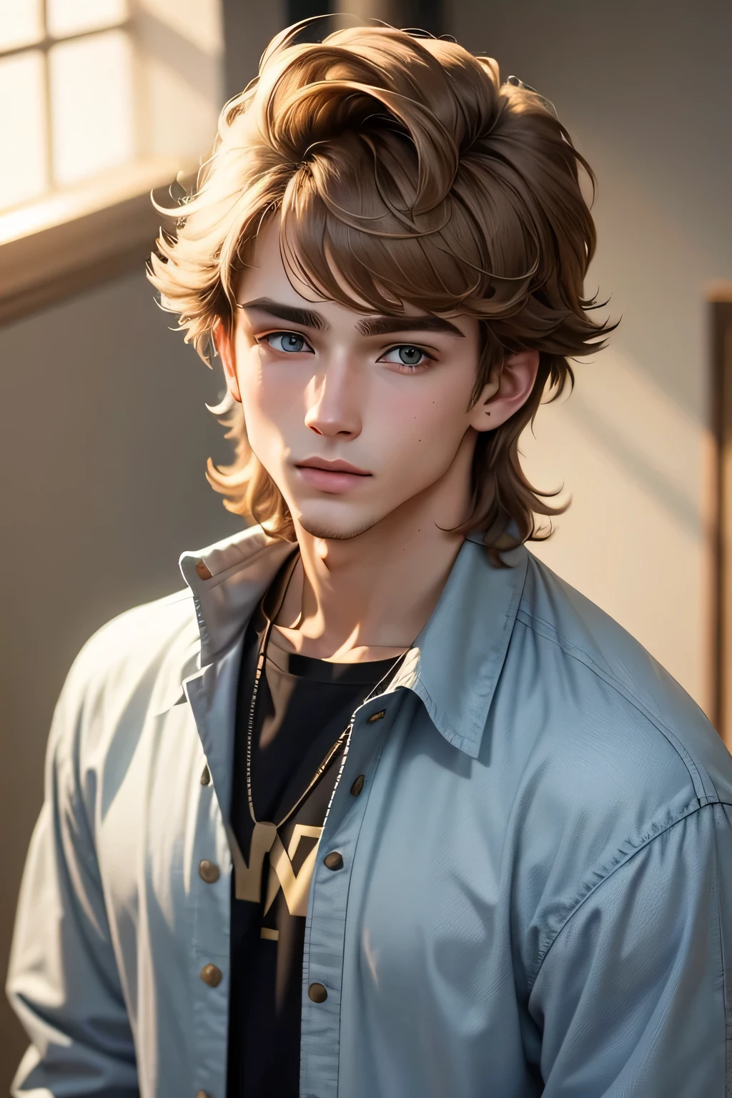22 years old american boy. With short light brown hair. He's got a mullet haircut. He's mysterious and calm. He wears light colors.