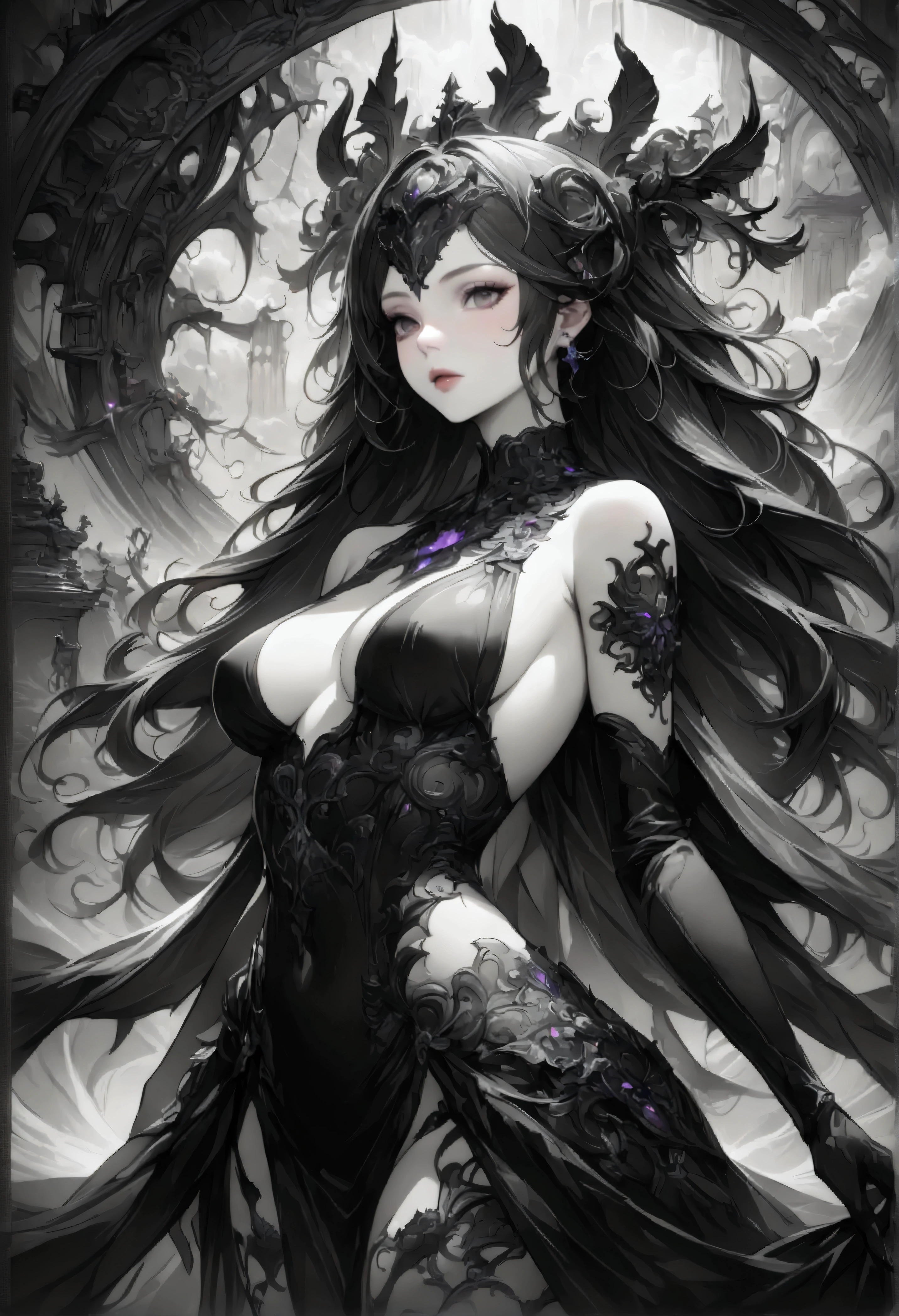 1 female,Intricate details,Use black and white as the main colors,decadent,artwork,Rendering,(masterpiece:1.3),(best quality:1.4),(Very detailed:1.5),high resolution,Very detailed,Unity 8K wallpaper,Dark Fantasy