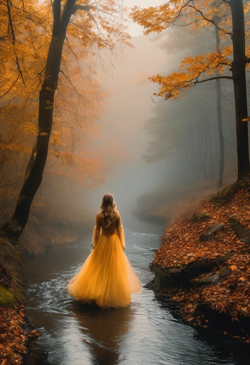 A breathtakingly beautiful and voluptuous woman, her figure accentuated by the translucent attire that hugs her curves. She seems to be floating effortlessly through the dense fog, her ethereal presence casting an otherworldly glow. The diaphanous material of her dress flows around her, revealing tantalizing glimpses of her smooth, toned skin beneath. Long, flowing locks of golden hair frame her delicate features, and her eyes, shielded by thick, dark lashes, appear to be lost in the eerie whiteness that surrounds her. The fog itself is almost tangible, swirling around her legs and obscuring the landscape beyond, as if the world has been reduced to this moment, this vision of unearthly beauty floating through the mist. The contrast between her vibrant, warm presence and the cold, clinging fog creates a sense of otherworldly romance, inviting the viewer to step into this surreal realm and become lost in its enchantment.autumn leaves.  Very sad expression. Walking on a frozen creek.
