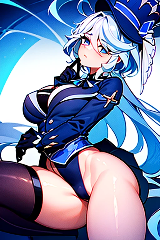 Tall girl with breasts, very thick thighs with bra and panties, with big butt and well toned muscles, sitting showing her vagina, with legs wide open, open legs showing the vagina, very tight underwear and domen, more skinny and with more curves, con medias negras, más trasero, cabello muy blanco con un flequillo azul, y con un ojo azul y el otro con una gota de color azul oscuro, pechos más grandes, más flaca, menos cintura, pechos más pegados, embarazada
