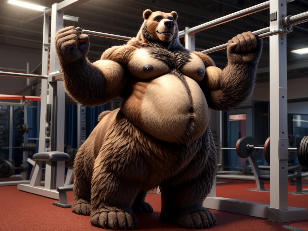 furry, fur taur, beartaur, middle-age, solo,1man, detailed face, bear ears, bear eyes(brown), bear nose(black), bear mouth, beard(grey), mature hair(grey), detailed arms, thick arms, muscular, thick hands(5 fingers), detailed body belly, thick body, muscle belly(white), thick chest, chest hair(white), nipples, detailed taur body, thick taur body, thick bear paws, thick bear tail, full body shot, standing in the gym
