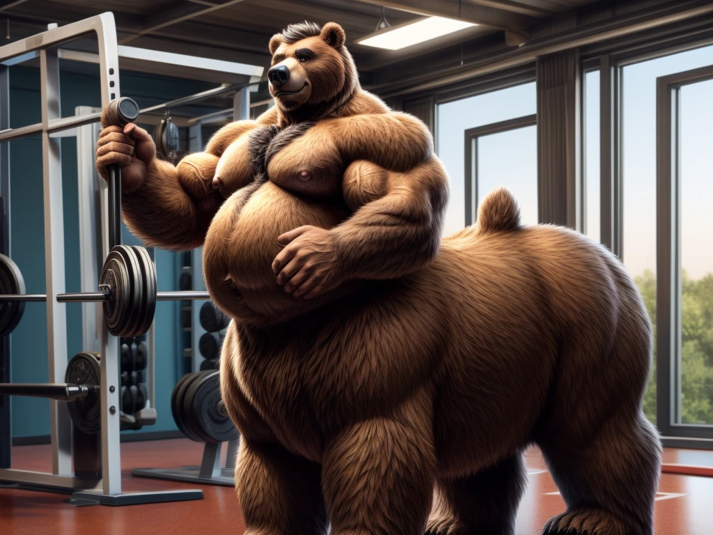 furry, fur taur, beartaur, middle-age, solo,1man, detailed face, bear ears, bear eyes(brown), bear nose(black), bear mouth, beard(grey), mature hair(grey), detailed arms, thick arms, muscular, thick hands(5 fingers), detailed body belly, thick body, muscle belly(white), thick chest, chest hair(white), nipples, detailed taur body, thick taur body, thick bear paws, thick bear tail, full body shot, standing in the gym