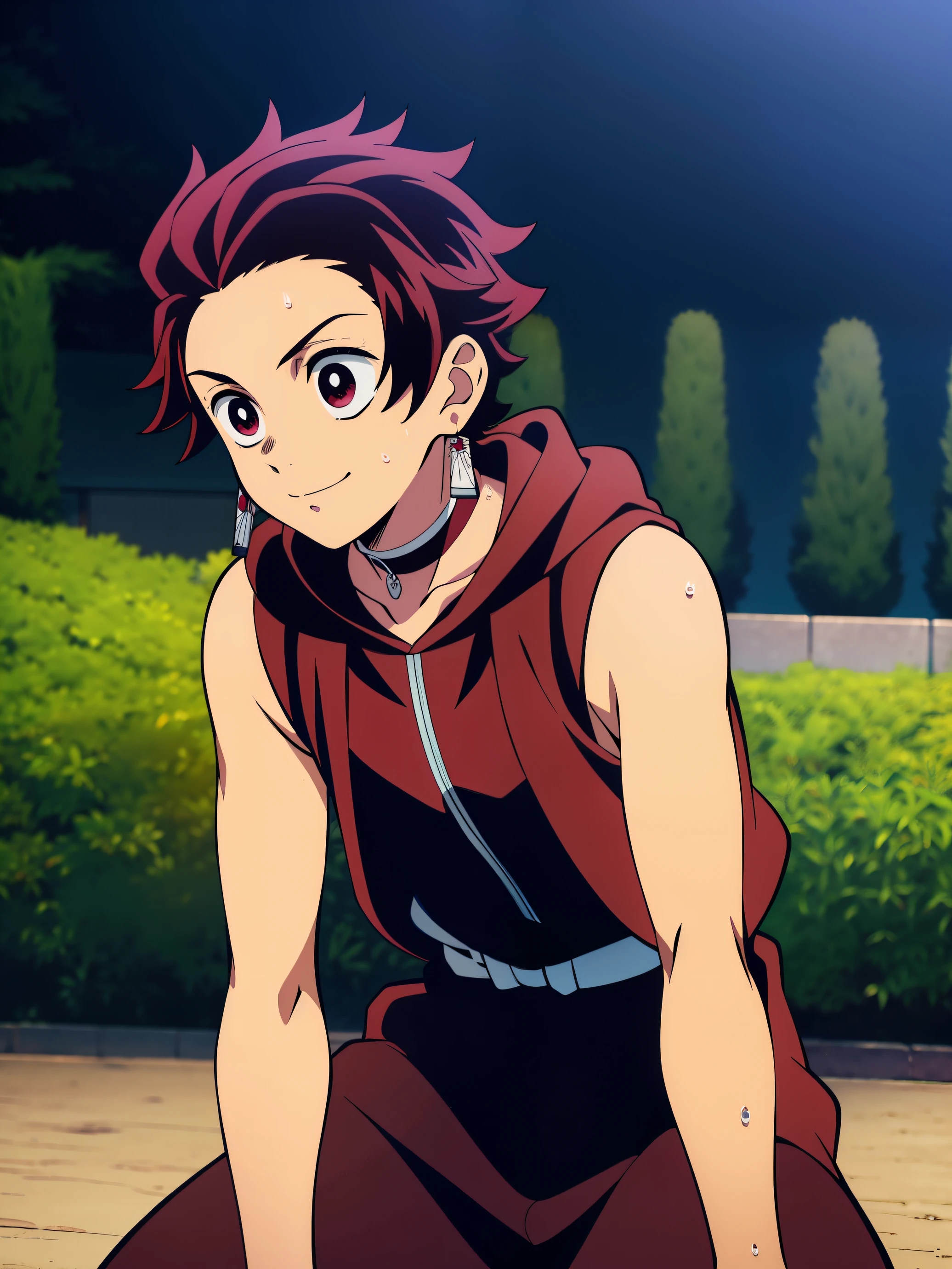 Highres, Masterpiece, Best quality at best,Best Quality,hight quality, hight detailed, Anime style, 1boy, Boy, Shota, Solo person, Tanjiro_kamado, earring, red hair, Demon slayer, Sleeveless hoodie, Choker, garden, night day, Slim body, smile, sweat, Body, Simple beckground, Seen from the front, ( boy), (Very small and short body)
