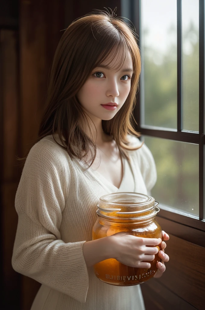 (best quality), (masterpiece), (best lighting), (highly detailed skin:1.0), detailed eyes, 8k uhd, dslr, soft lighting, best quality, grain film, Fujifilm exquisite detail 4x5 fine art realistic photography film portrait of a beautiful European woman, skin texture, foxie European woman, ginger hair, winter forest, natural skin texture, hand holding a jar of honey large bee, honey jar handle, large honey jar, 24mm, 4k texture, soft cinematic lighting, adobe lightroom, photolab, hdr, intricate, elegant, highly detailed, sharp focus , (((((cinematic look)))), soft tones, crazy details, intricate details, super details, low contrast, soft cinematic lighting, muted colors, blending mix exposure, hdr, fade