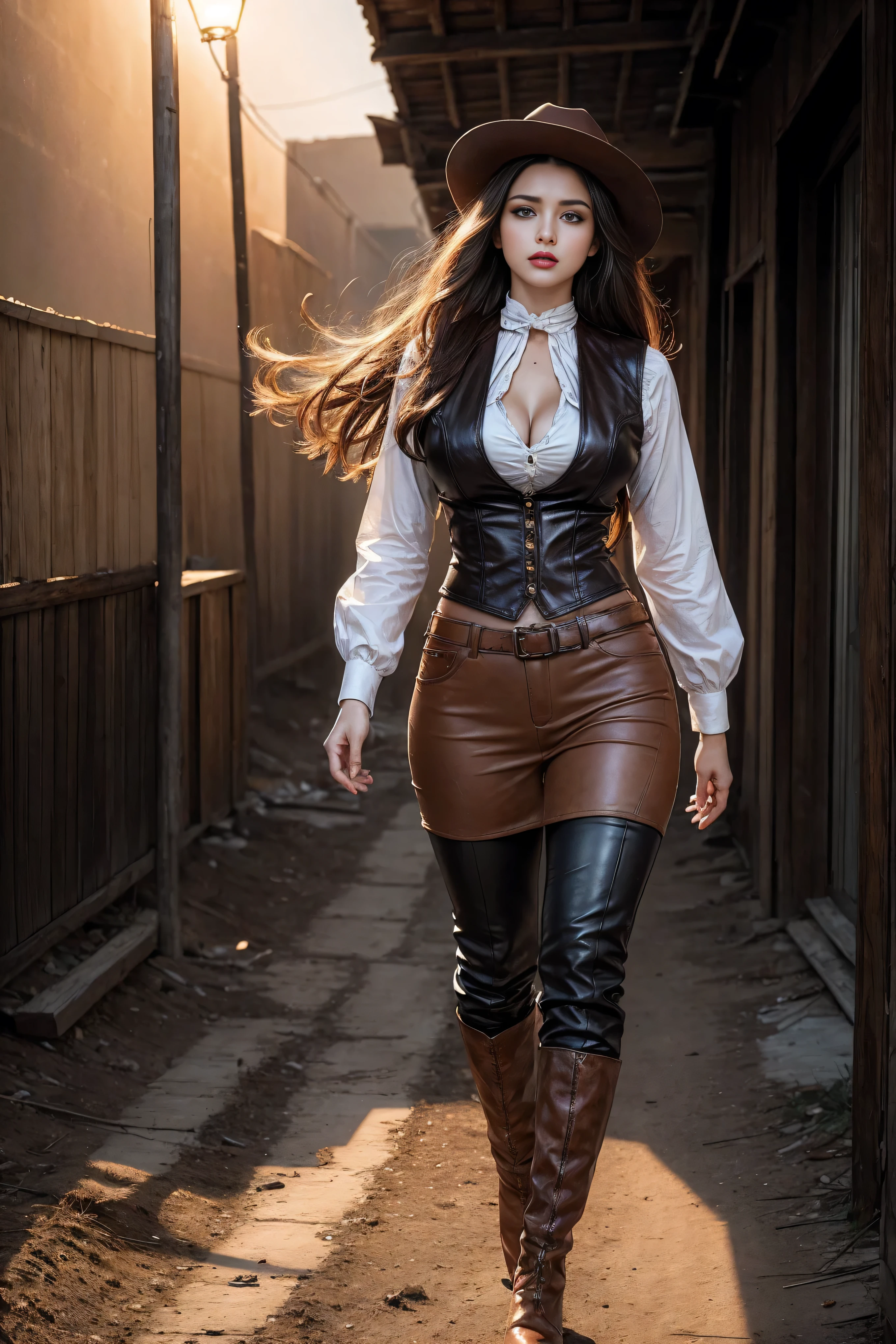 Full body cowboy woman circa 1880s, Brown long straight hair, Brown eyes, High arched eyebrows, Slender and graceful neck, Red lips, Large Breasts, Brown Leather Tights, Sleeveless Brown Leather Vest, Leather Boots, Walking on the dusty sandy streets of a deserted North American town,The wind blew through her hair, Practical, photoPractical, photoPractical, fear, Dark gloomy atmosphere and dramatic lighting, dark red, Foggy environment, Detailed facial expressions, Terrible fog