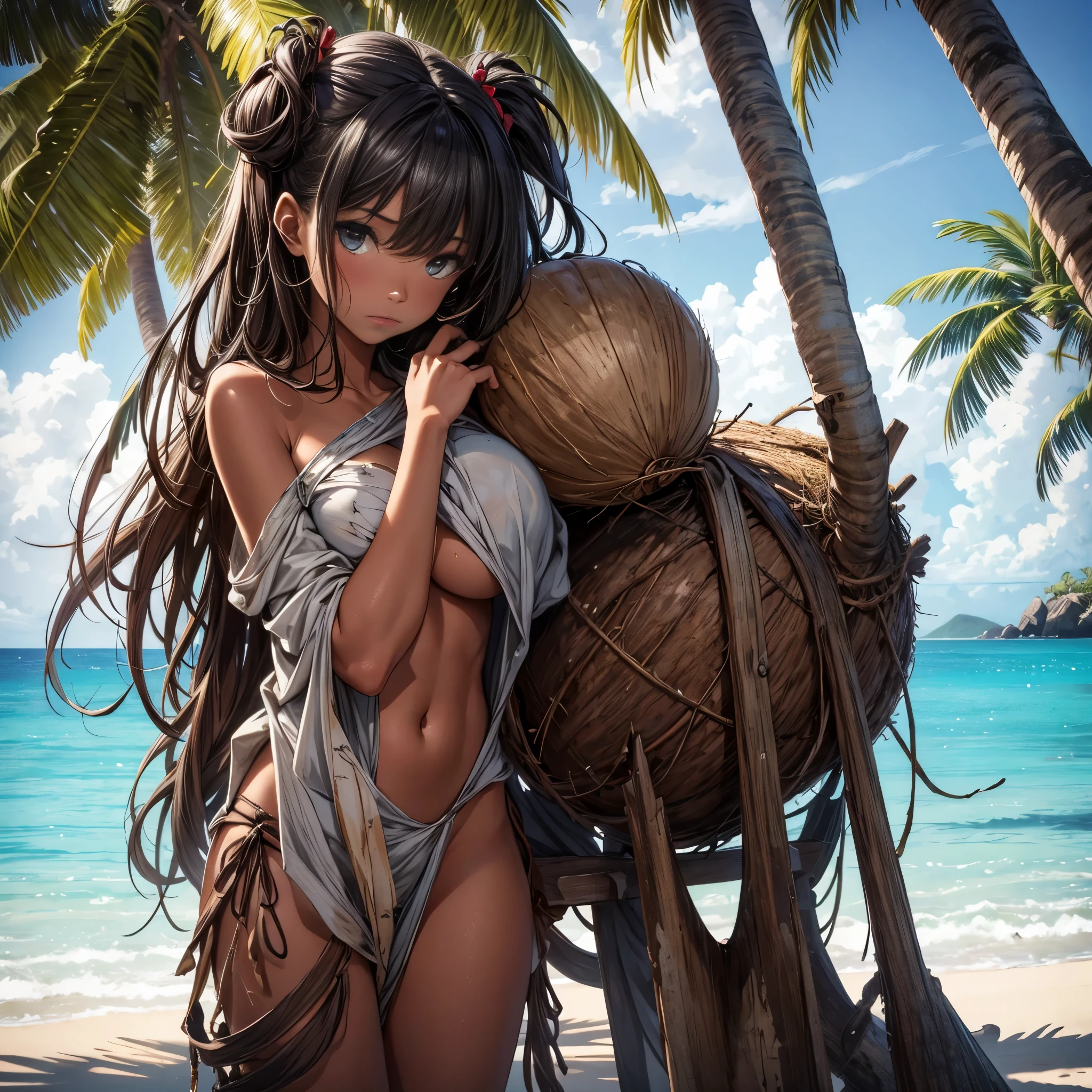 beautiful girl at the beach, taking a bath, in the sunrise, with palms , sand and flowers , holding a drink in her hands, gorgeous breast, hyper detailed, ultra sharp, long auburn hair in braids, 8k, full body photograph, 20 megapixel, canon eos r3, detailed skin, pale skin, Beautiful face, green eyes, smiling with gorgeous nipples octane render, cinematic, ayami kojima, karol bak, front and backside  view,, greg hildebrandt, and mark brooks, hauntingly surreal, gothic, highly detailed and intricate, rich deep colors