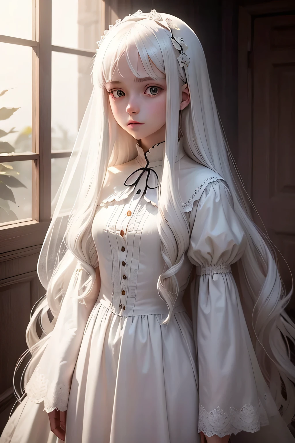 15 years old European girl. She is a ghost. With long white hair. She wear a white dress. She is very mysterious.
