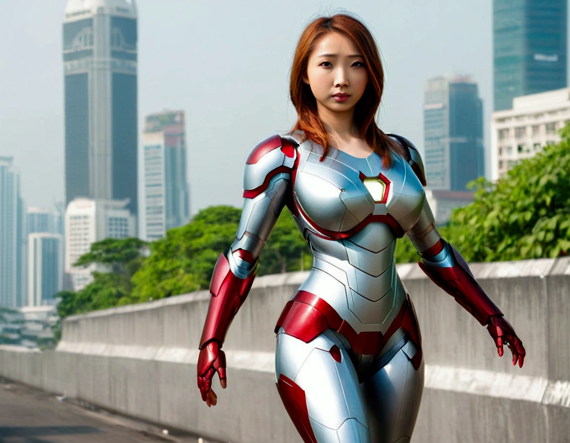 A cute woman (age 25, sexy Iron Man armor) is in the role of super hero Iron Man. She is saving Bangkok in the daytime, heroic struggle, good vs evil