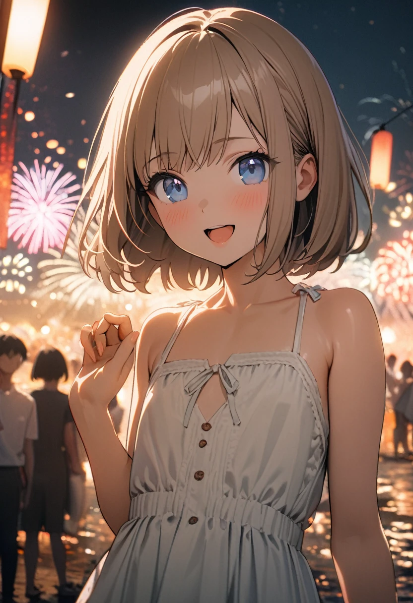 1 girl, 18yo, (flat chest: 1.5), blue eyes, light brown hair, bob cut, summer outfit, smile, open mouth, standing, upper body, (various pose:1.5), Fireworks festival, riverbank, crowd, 8k, RAW photo, best quality, masterpiece, extremely detailed 8k wallpaper, ultra-detailed, best shadow, detailed background, beautiful detailed face, beautiful detailed eyes, nice hands, perfect hands