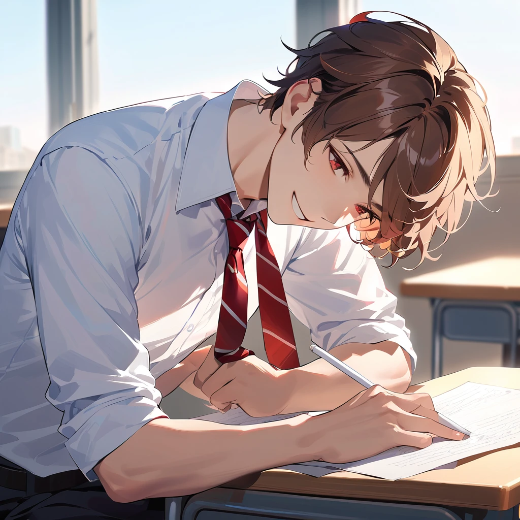 a man with short brown hair, red eyes, wearing a white shirt, red striped tie, smiling, sitting on a desk in the classroom with his head down on the desk, holding a small piece of paper in his hand, pale skin, Half body, best quality, afternoon.