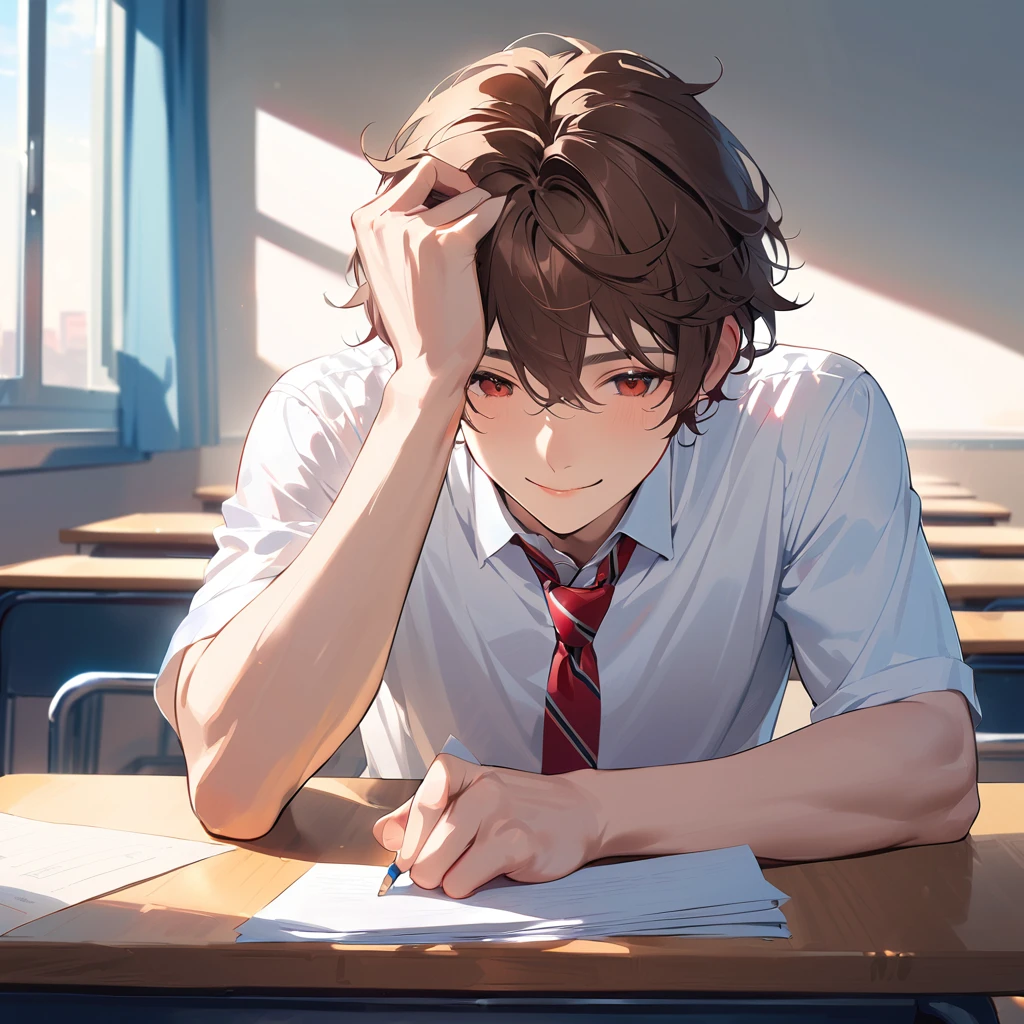 a man with short brown hair, red eyes, wearing a white shirt, red striped tie, smiling, sitting on a desk in the classroom with his head down on the desk, holding a small piece of paper in his hand, pale skin, Half body, best quality, afternoon.