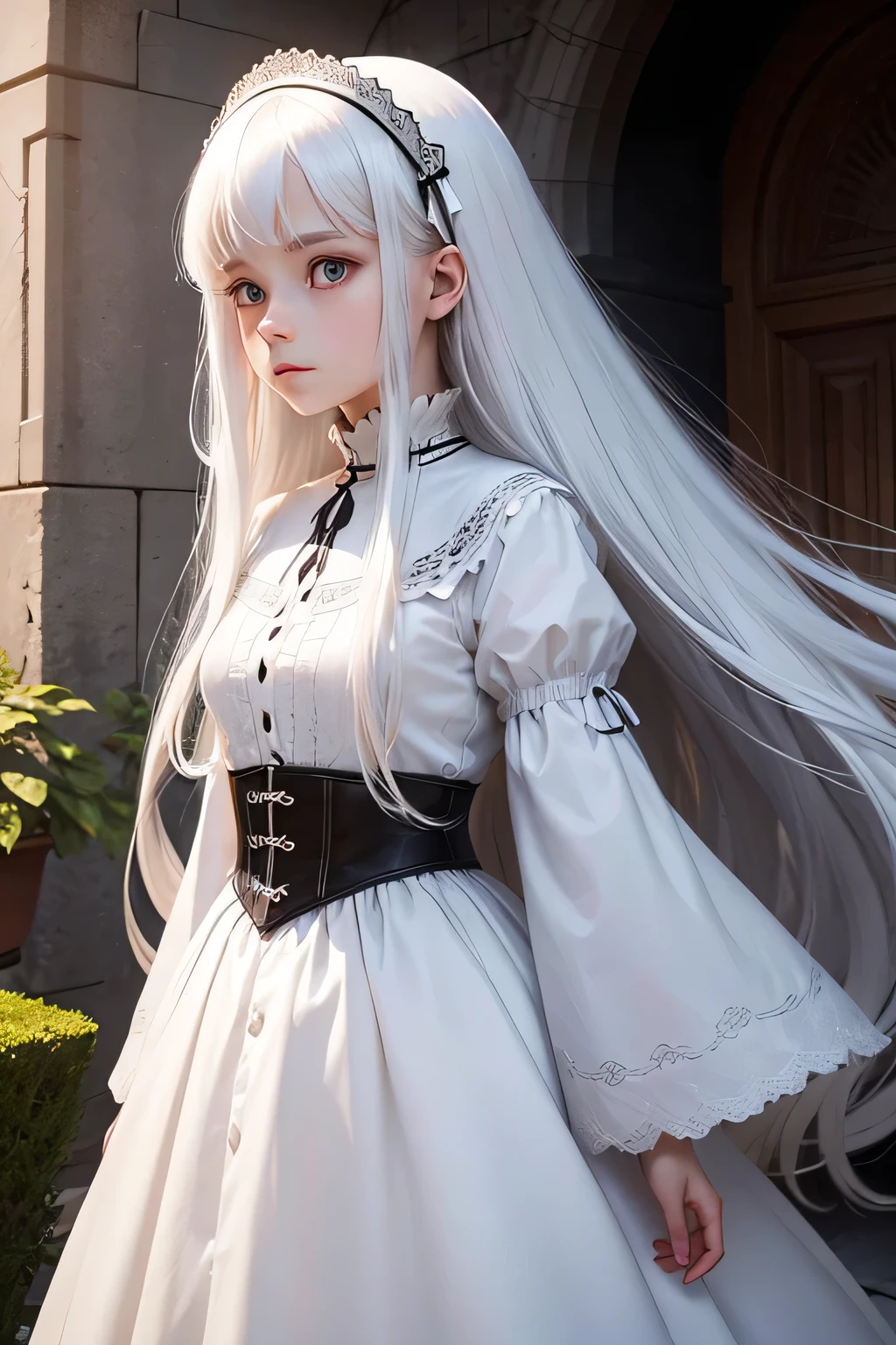 15 years old European girl. She is a ghost. With long white hair. She wear a white dress.