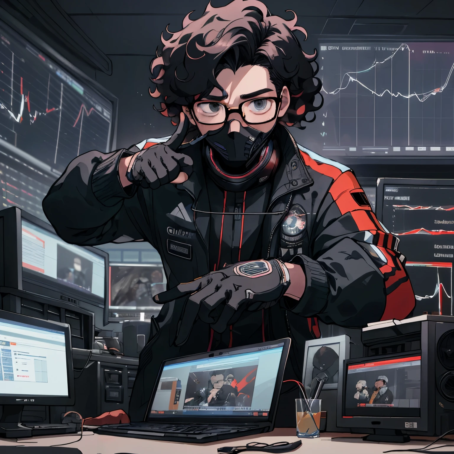 Kpop Boys,He is in his late 30s,In the computer room,Black leather gloves,Face masks,Looking at trade charts,Wearing a cool suit jacket,Wearing a headset,Black messy curly hair、Background shows multiple trading monitors,far and near method, 3D Rendering, He is explaining the trade.,Glasses,Pointing