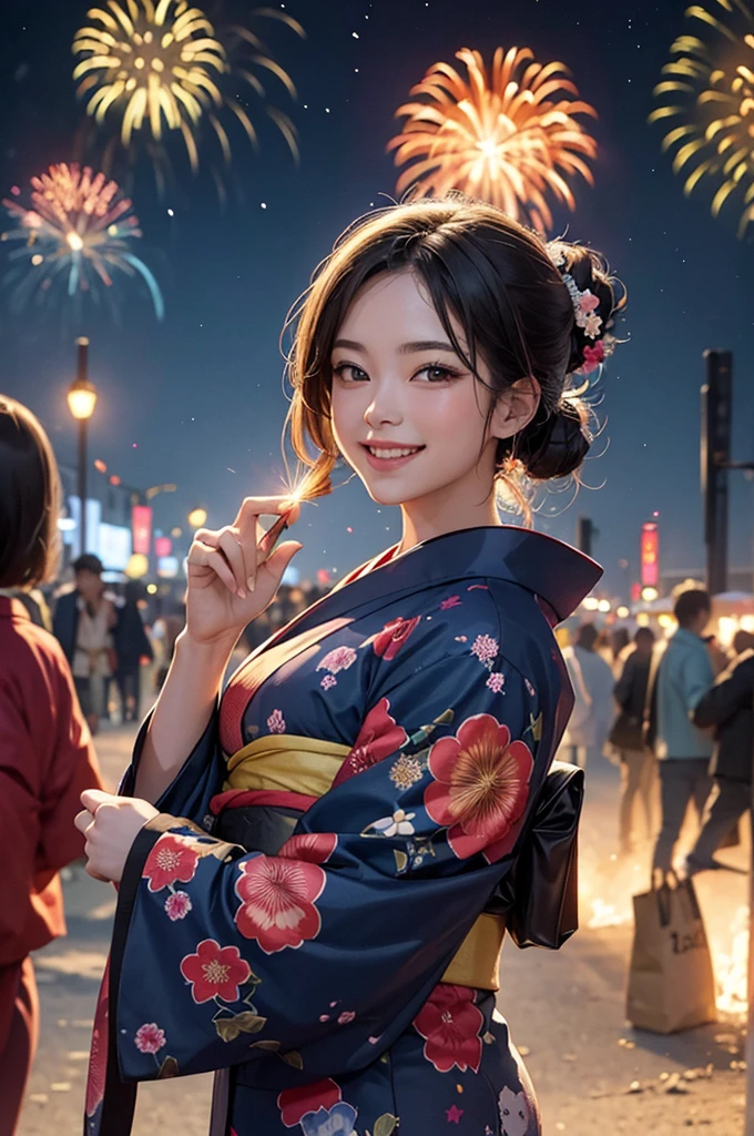 A beautiful smiling woman in a kimono with a large number of fireworks exploding in the night sky at a summer festival in the background