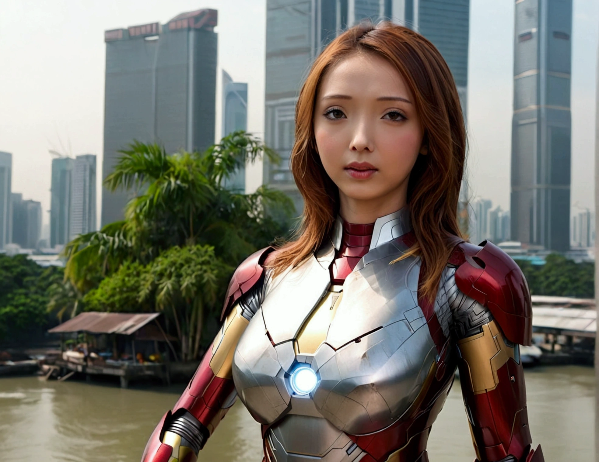 A cute woman (age 25, sexy Iron Man armor) is in the role of super hero Iron Man. She is saving Bangkok in the daytime, heroic struggle, good vs evil