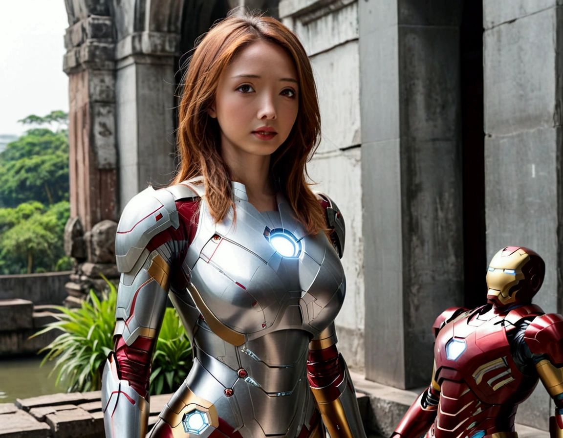 A cute woman (age 25, sexy Iron Man armor) is in the role of super hero Iron Man. She is saving Bangkok in the daytime, heroic struggle, good vs evil