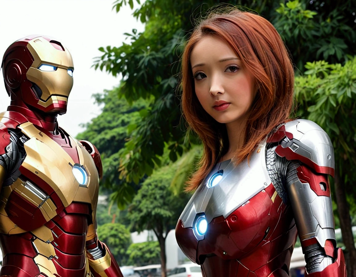 A cute woman (age 25, sexy Iron Man armor) is in the role of super hero Iron Man. She is saving Bangkok in the daytime, heroic struggle, good vs evil
