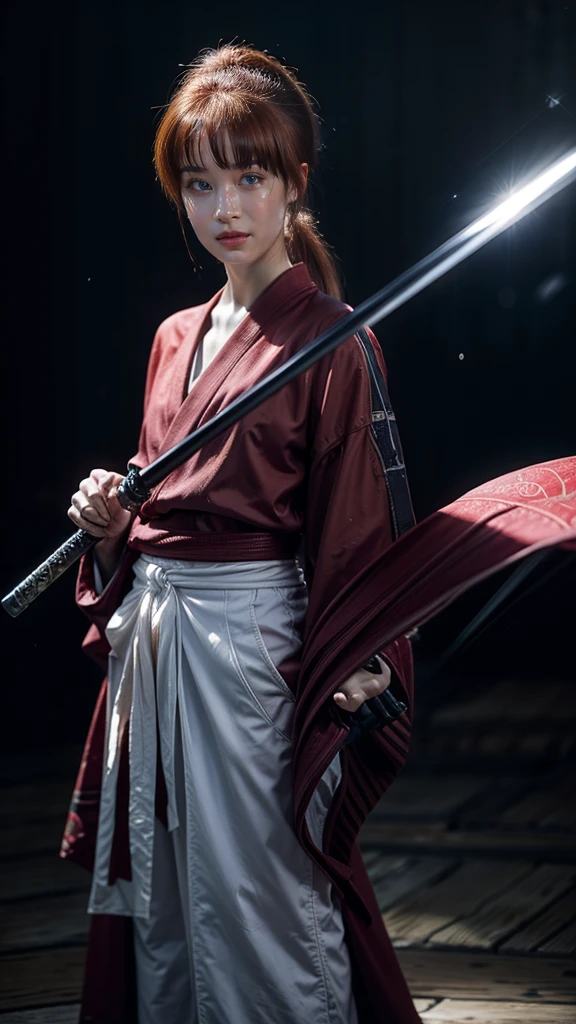 "Rurouni Kenshin",
Moment of enthusiasm, Bold,
Capturing the essence of her fiery determination and indomitable spirit, She explodes in rage, Strongly conveys the raw power of Kenshin's rage, Emphasizing the intensity of the scene, The woman is in a determined stance,
Action with a straight sword in hand,
Long hair, Ponytail, Red hair, ((Red eyes)), Bright red lipstick,
Katana, Holding a sword in hand,
Cross sign on left cheek,
High quality, Realistic,
20-year-old woman,
She wears a red kimono with an intricate pattern, Combined with a white hakama,
The lighting is realistic, (Masterpiece+Top quality+High resolution+Very detailed), (Full body:1.2),Symmetrical, One cut,