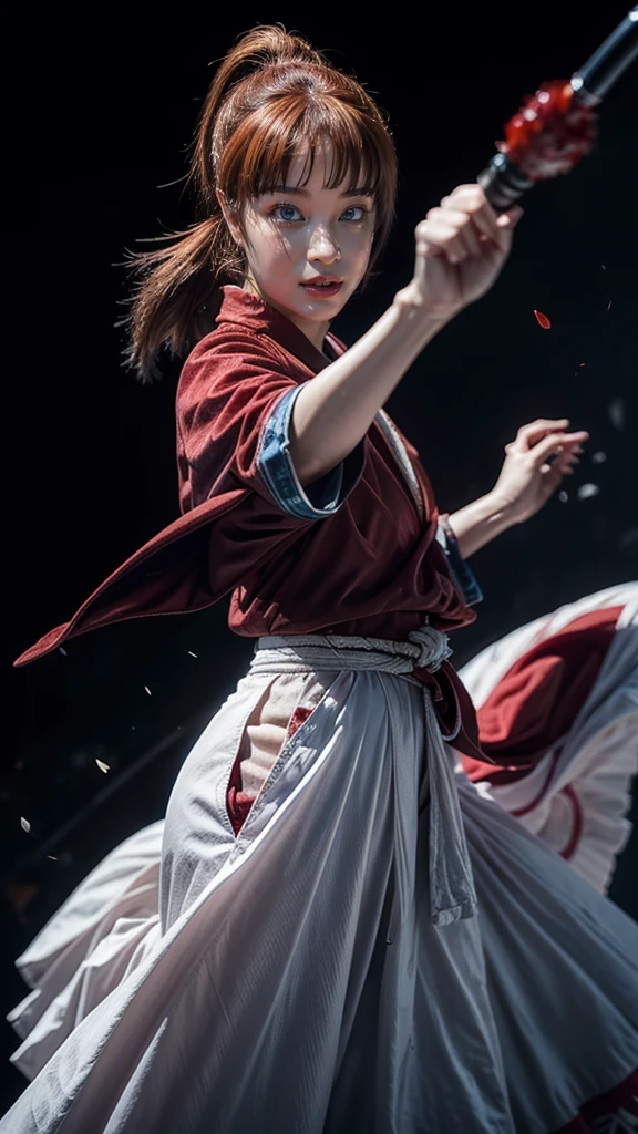 "Rurouni Kenshin",
Moment of enthusiasm, Bold,
Capturing the essence of her fiery determination and indomitable spirit, She explodes in rage, Strongly conveys the raw power of Kenshin's rage, Emphasizing the intensity of the scene, The woman is in a determined stance,
Action with a straight sword in hand,
Long hair, Ponytail, Red hair, ((Red eyes)), Bright red lipstick,
Katana, Holding a sword in hand,
Cross sign on left cheek,
High quality, Realistic,
20-year-old woman,
She wears a red kimono with an intricate pattern, Combined with a white hakama,
The lighting is realistic, (Masterpiece+Top quality+High resolution+Very detailed), (Full body:1.2),Symmetrical, One cut,