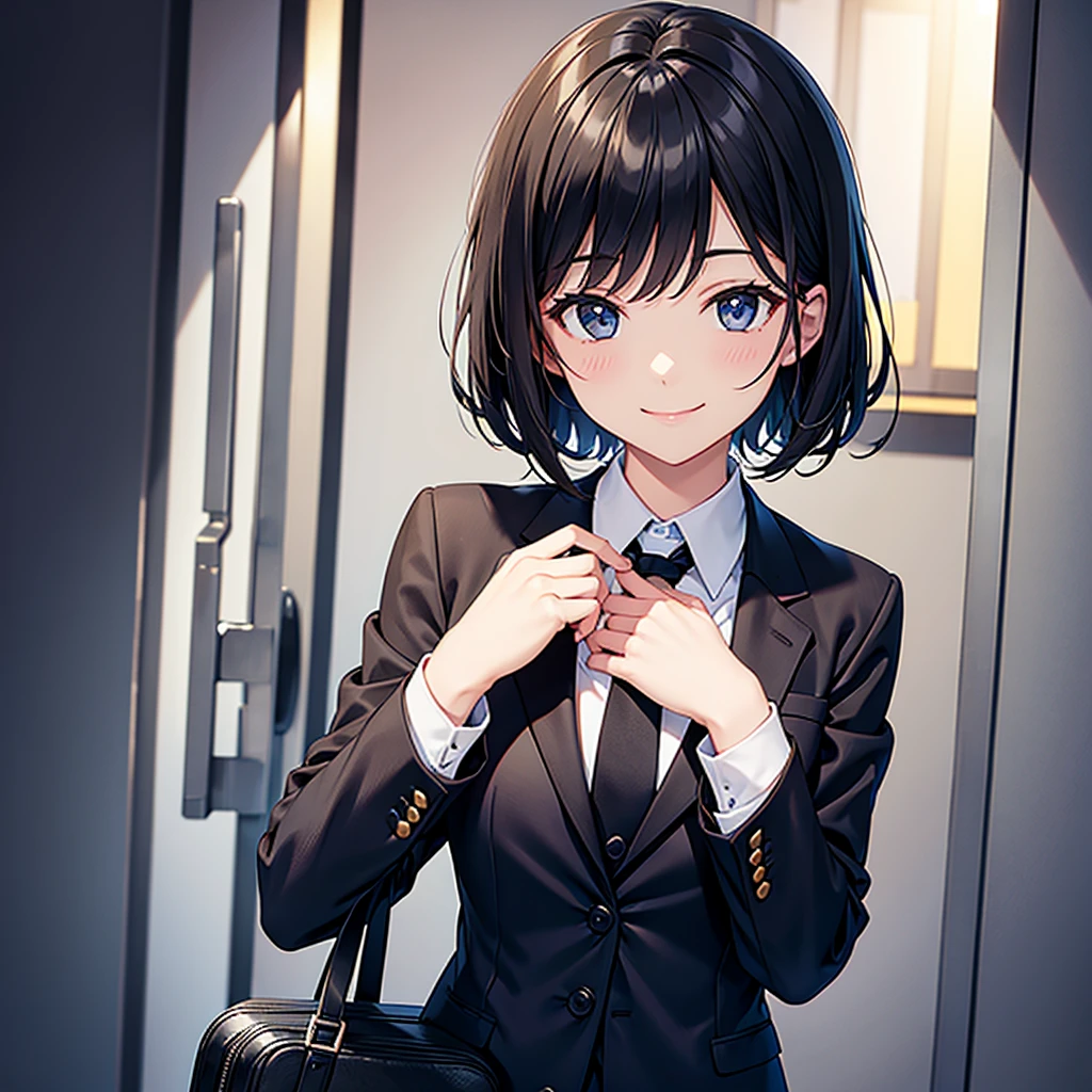 Woman in black suit tie smile