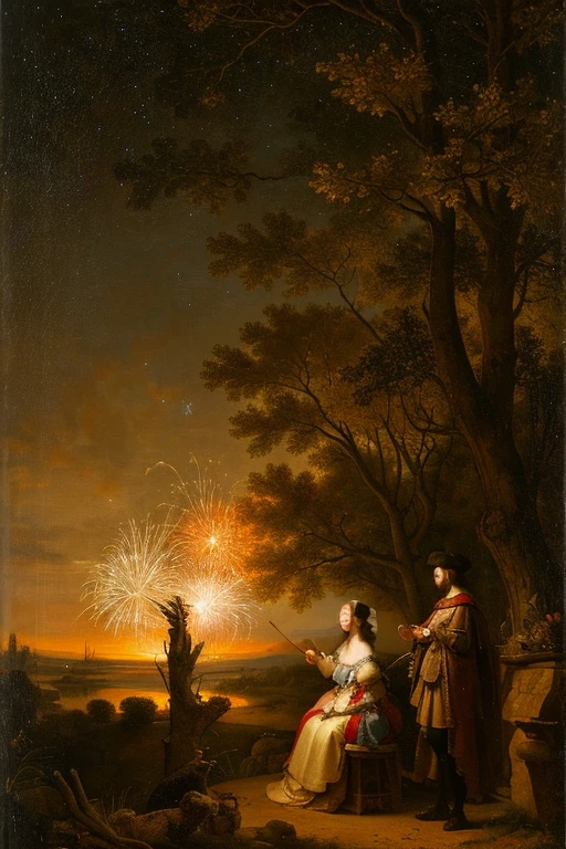 In the Rembrandt style、Adam and Eve(Primitive and wild)The background is dusk、Fireworks are shining in the distance。