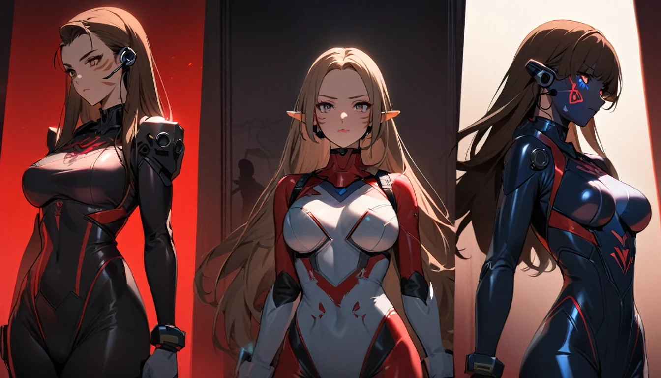 Noble Elf, Blue eyes, 1Girl, (d.e (overwatch):0.8), alone, Long hair, Whisker markings, Tight suit, Brown hair, Face Marks, mitts, breasts, brown eyes, pilot suit, Cowboy-shot, earphone, white gloves, mittlere breasts, curved bangs, skintight, Animal print, bangs, Hasen-druck, Ribbed one-piece tights, Face painting, Pink lips, lean against the wall, holding pistol, serious look, questionable, caring, Investigation procedure, dunkle Gasse, natta, natta sky, red light, (Silhouette, hard light:1.2), Nordic style, high quality, beautiful picture, masterclass!