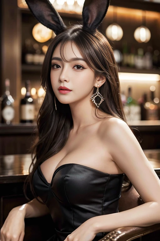 masterpiece, Highest quality, Realistic, Very detailed, Finer details, High resolution, 8k wallpaper, One beautiful woman, Wear a nice black bunny girl costume, In a great bar, At night, Light brown messy hair, Perfect dynamic composition, Beautiful and beautiful eyes、Big earrings、Sitting in a chair、