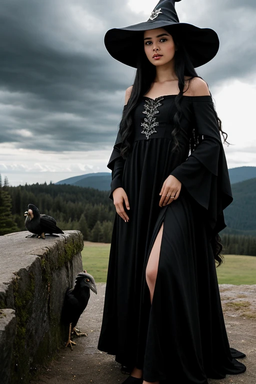 Black long hair, black long dress, the girl stands tall, Detailed beautiful face, Detailed fingers, overcast sky, a ray of light falls on a girl through the clouds, Witch hat on her head, two griffins sit at the girl’s feet, griffins with the highest detail