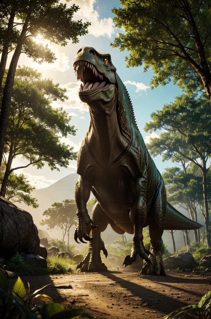 first person view, jurassic period, sunny morning, t-rex in the distance, trees casting shadows on the right, cinematic lighting, highly detailed, vivid colors, photorealistic, epic, dramatic, wide angle, intricate details, hyper-realistic, studio lighting, 8k, best quality