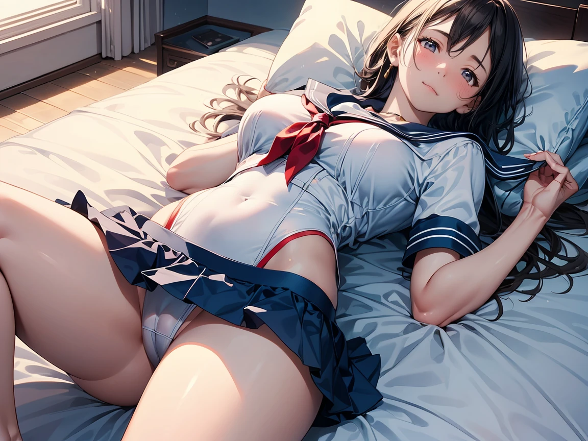 Highest quality, Super detailed, (Ultra-high resolution,8k), Ultra-high definition 4K, (Lie on the bed and open your legs, Ecstasy:1.5), (Perfect Anatomy, Anatomically correct), (Five Sensual Housewives:1.4), (Beautiful Eyes), (Detailed eyes), (High-quality facial beauty), ((Touching the crotch)), Friendly, (Photorealistic), (Detailed big breasts), Soft Skin, Glowing Skin, (High school sailor uniform), Bright lighting, Very heavy rain, (Five Sensual Housewives:1.4), colorful, Goddess-like beauty, Professional photography techniques
