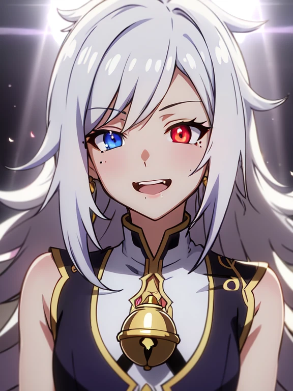 White hair, Mole under the eye, inadequate sclera, heterochromia, blush, shy, laughing, bell, Ray tracing, God rays, Backlight, glowing light, anime style