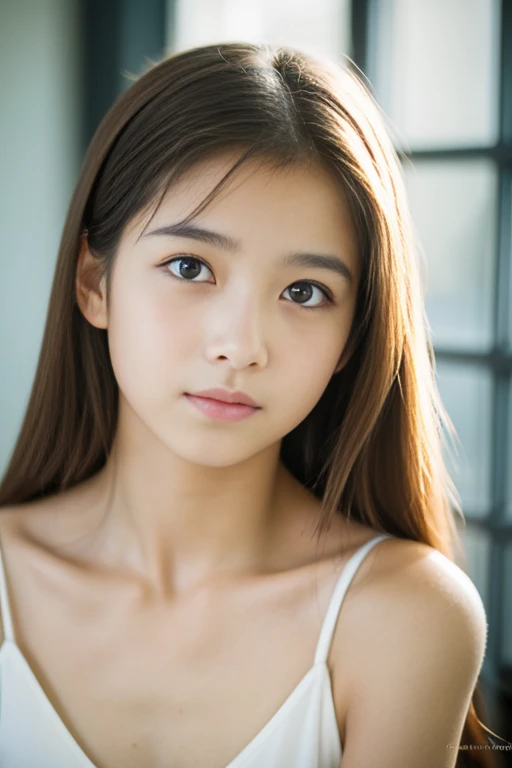 lens: 135mm f1.8, (Highest quality), (Beautiful 14 year old Japanese girl), (Moisturized lips), Narrow eyes, double eyelid, Delicate clavicle, Flat Chest , I'Ashamed of my smallness, underdeveloped udder, smile, (Spotted sunlight: 1.2), Professional Lighting, (Petite figure), (Sunburned skin: 0.2), Full body photo, Full Body Focus, (Kneel)、A fine honor student、Slender body、、boyish, Putting very short hair into a ponytail、Stylish white bedroom、Ribbon on chest、Sweep all your hair back、