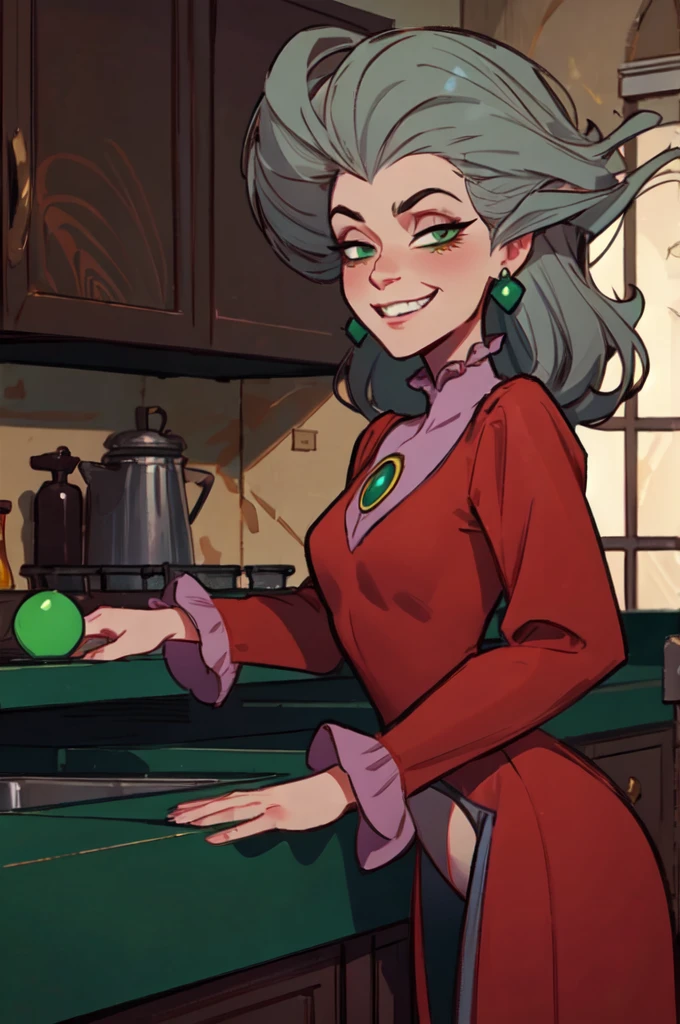 tremaine, green eyes, grey hair, large hair, eyeshadow,red dress, puffy long sleeves, green gem, small earrings, frills, looking at viewer, serious, evil grin, leaning, over counter, inside kitchen, dark, high quality, masterpiece, (flashing her panties)