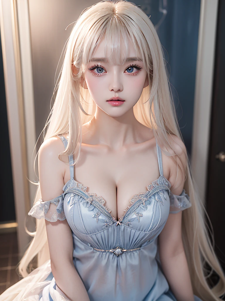 bjyx (nice with you)
blue dress, ((cowboy shot)), ((Elegant posture, Attractive posture)), Platinum Blonde Fine Hair、Extra long silky straight hair、Big eyes with bangs and eyeliner、((Visible cleavage))、((E cup)), ((I-type Valley)), Nordic Youth、Perfect body、Very beautiful and cute、White Skin、Smooth and radiant skin、Young and beautiful skin、Perfect beautiful little face、Shiny Makeup、Thin pink lip gloss expression、girl、Lipstick、Deceptive advertising、{Steaming hot}、Audience perspective、Primetime lights、Bokeh atmosphere perspective、Detailed movie lighting、Intricate details、high resolution、 Details of facial design、High Detail、Be focused、Smoothness、aesthetics、Print、Octane Renderer、{{masterpiece}}