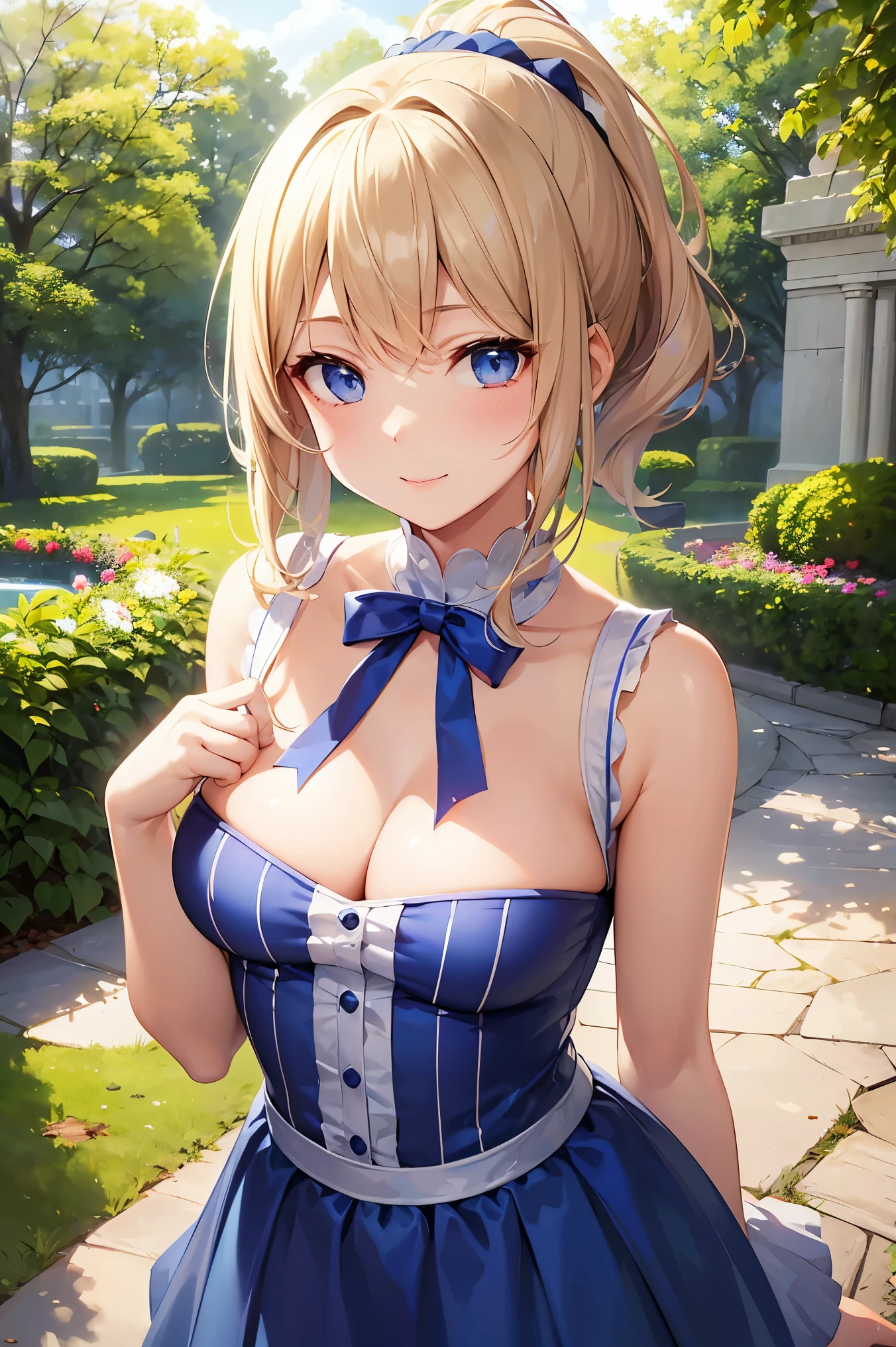 (masterpiece:1.2), (Highest quality:1.2),, Curvy but slender body, Perfect Eyes, Perfect Face, Perfect lighting, 1 girl, in the garden, (The whole body is visible),(walk),(Knitted sweater),(Cute gestures),(smile),(ponytail),Curly Hair, High Quality Clothing, Detailed outdoor background, Compensate, eye shadow, Thick eyelashes, Fantasy, Looking at the audience, whole body,Alice in Wonderland、blue sky、Bright and very beautiful face、Young and radiant white skin、Ultimate beauty、The most beautiful light blonde hair in the world、Thin Hair、short hair、beautiful shiny bangs、Big, clear, shining blue eyes、Very beautiful and adorable girl, the most beautiful in the world、Small breasts