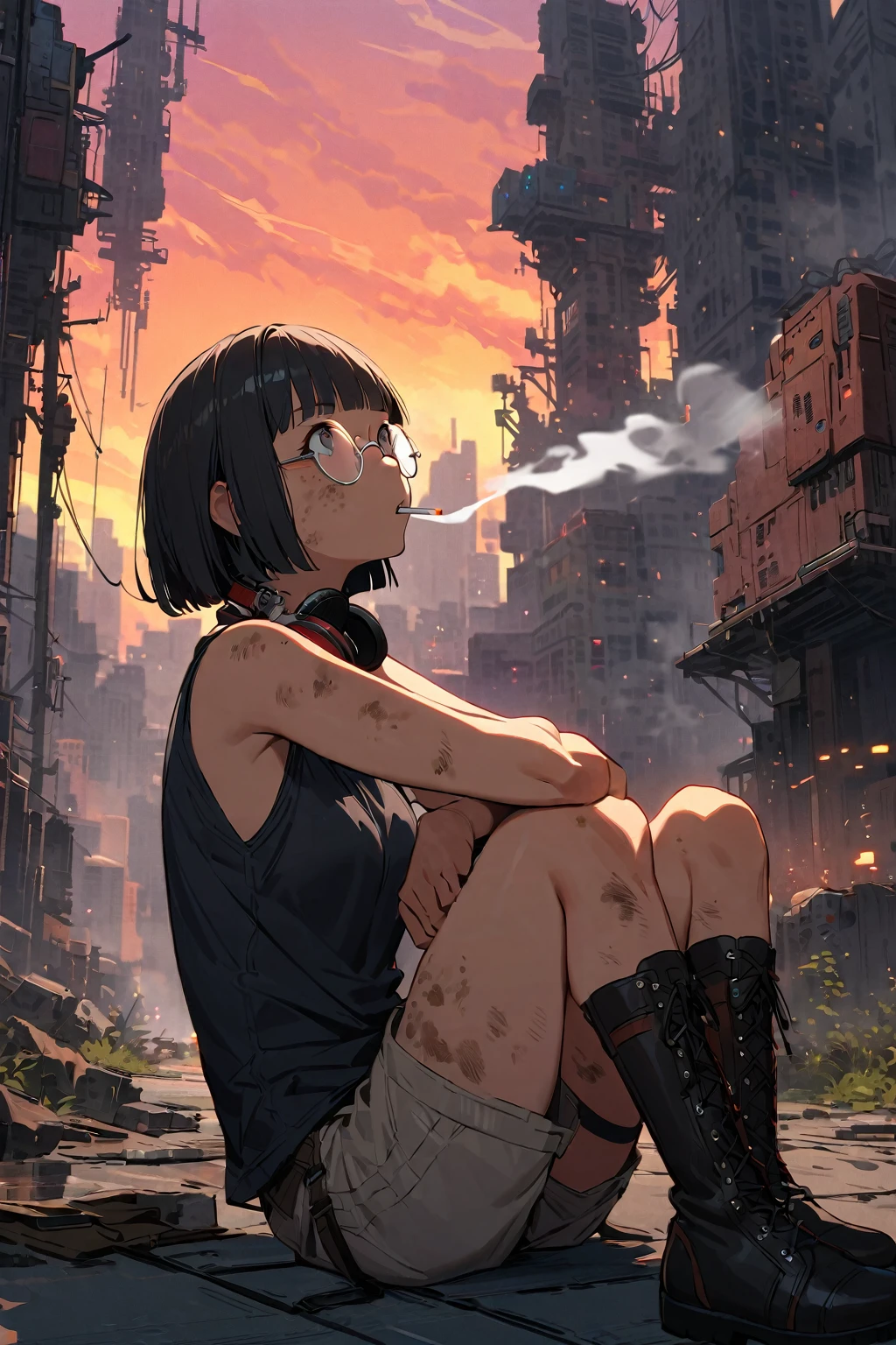 (extremely detailed fine touch:1.3), (((silver semi-rimless round eyewear:1.3))), (wear silver headphones around neck:0.8), short hair, blunt bangs, glowing cool 1girl, 2.5d face, side shot, Sitting on the floor holding your knees, cigarette in one's mouth, smoke breath, black tanktop, bare arms, dirty skin, sunset, extremely detailed zentang dieselpunk, ruined skyscrapers