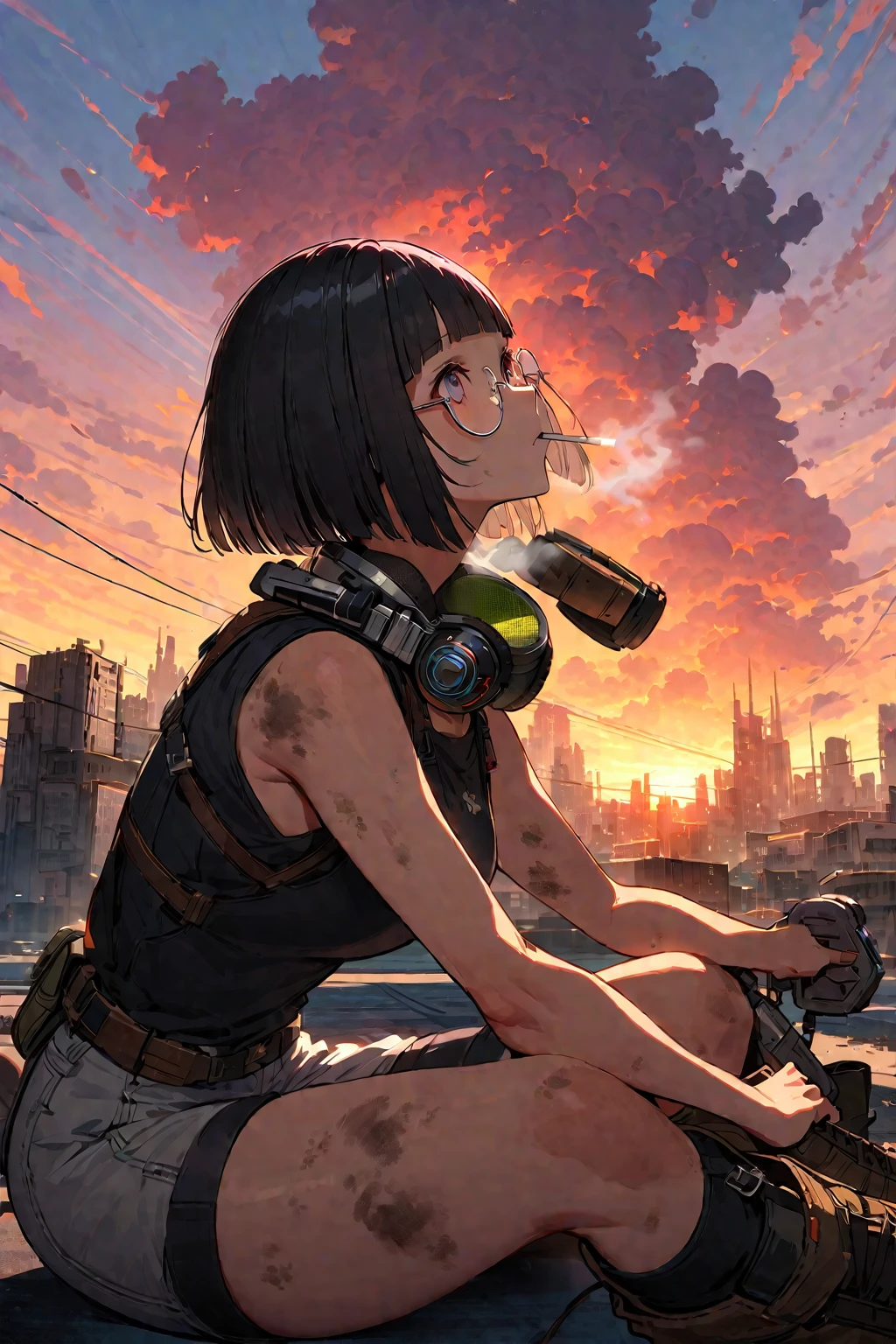 (extremely detailed fine touch:1.3), (((silver semi-rimless round eyewear:1.3))), (wear silver headphones around neck:1.2), short hair, blunt bangs, glowing cool 1girl, 2.5d face, profile, cigarette in one's mouth, smoke breath, black tanktop, dirty skin, sunset, extremely detailed zentang dieselpunk,
