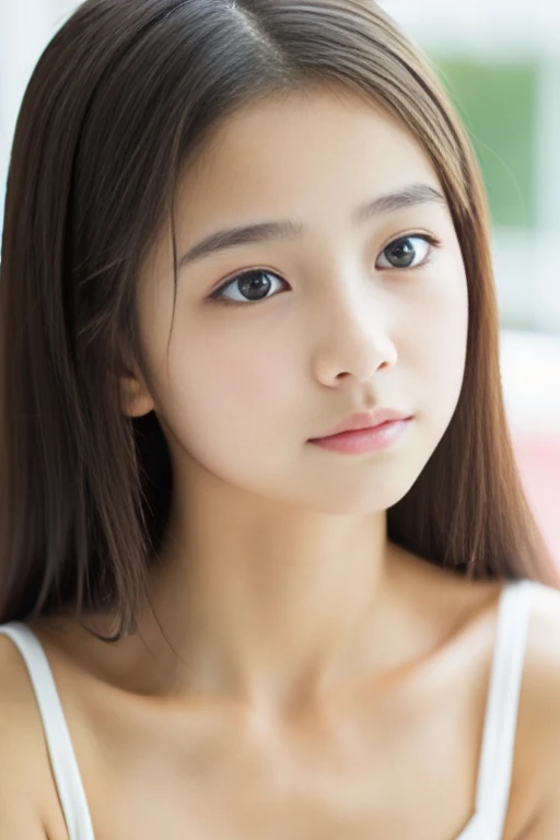 lens: 135mm f1.8, (Highest quality), (Beautiful 14 year old Japanese girl), (Moisturized lips), Narrow eyes, double eyelid, Delicate clavicle, Flat Chest , I'Ashamed of my smallness, underdeveloped udder, smile, (Spotted sunlight: 1.2), Professional Lighting, (Petite figure), (Sunburned skin: 0.2), Full body photo, Full Body Focus, (Kneel)、A fine honor student、Slender body、(School Uniform)、boyish, Putting very short hair into a ponytail、Stylish white bedroom、Ribbon on chest、Sweep all your hair back、