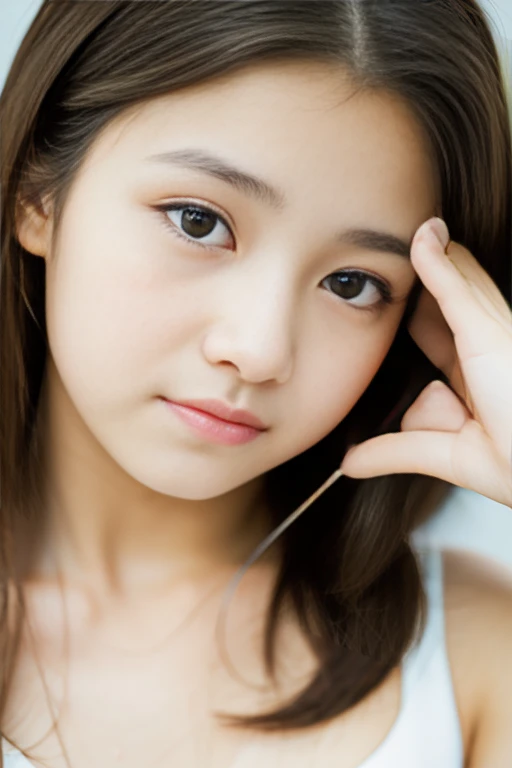 lens: 135mm f1.8, (Highest quality), (Beautiful 14 year old Japanese girl), (Moisturized lips), Narrow eyes, double eyelid, Delicate clavicle, Flat Chest , I'Ashamed of my smallness, underdeveloped udder, smile, (Spotted sunlight: 1.2), Professional Lighting, (Petite figure), (Sunburned skin: 0.2), Full body photo, Full Body Focus, (Kneel)、A fine honor student、Slender body、(School Uniform)、boyish, Putting very short hair into a ponytail、Stylish white bedroom、Ribbon on chest、Sweep all your hair back、