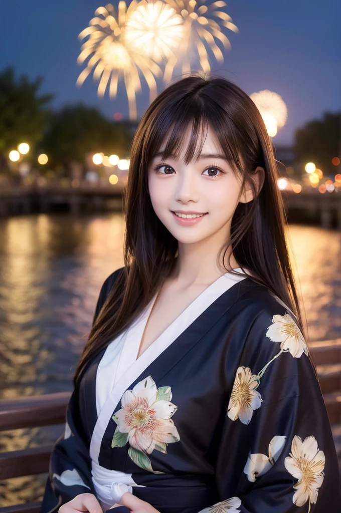 Image resolution 8K、Masterpiece:1.3)、cute、1 girl、Dark Brown Hair:1.1、(body:1.2)、Ultra-detailed face、Attractive lips、double eyelid、Ultra-realistic and detailed Japanese yukata、Japanese、cute女の子、10th Generation(18-year-old)、Smiling with a nice smile、Hair blowing in the wind、color々Hair style、In the background, people are watching fireworks on the riverbank、